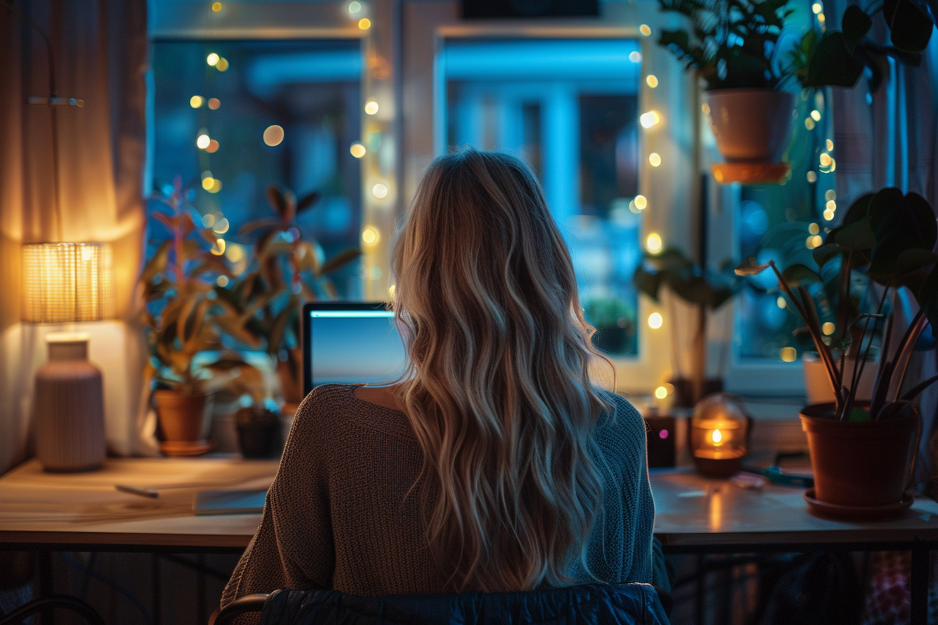 Une femme utilisant son ordinateur portable dans sa chambre | Source : Midjourney