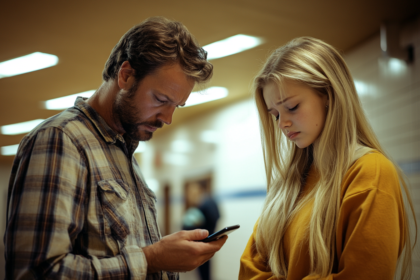 Un homme utilise son téléphone pendant que sa fille adolescente triste se tient à proximité | Source : Midjourney