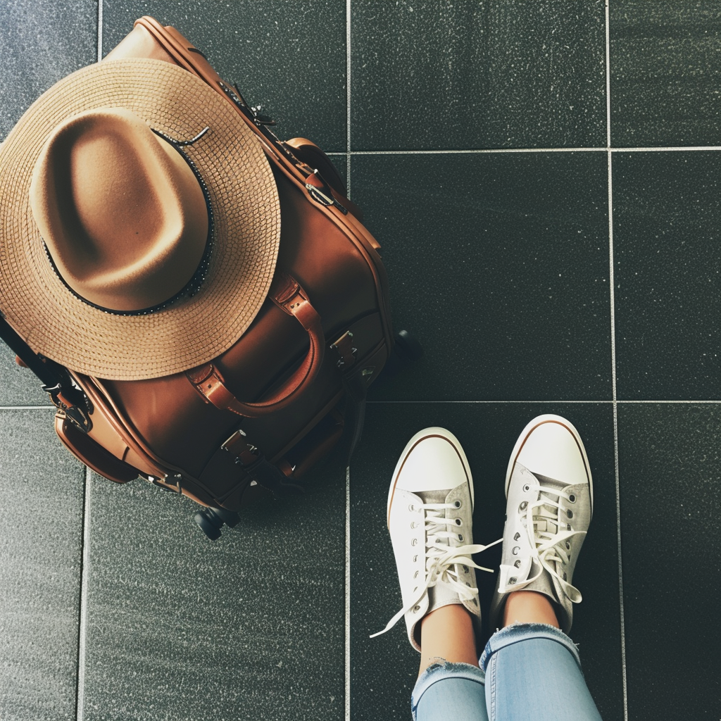 Une femme avec ses bagages à ses pieds | Source : Midjourney