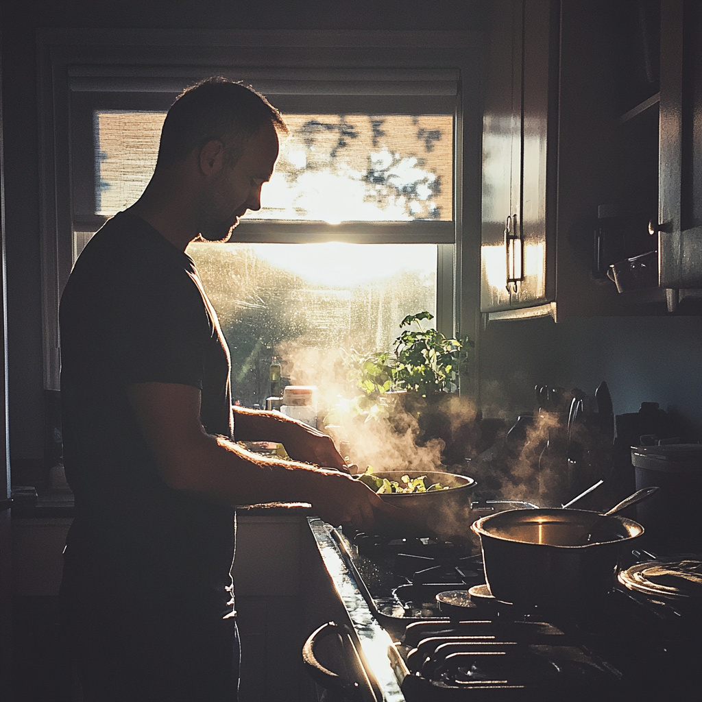 Un homme occupé dans la cuisine | Source : Midjourney