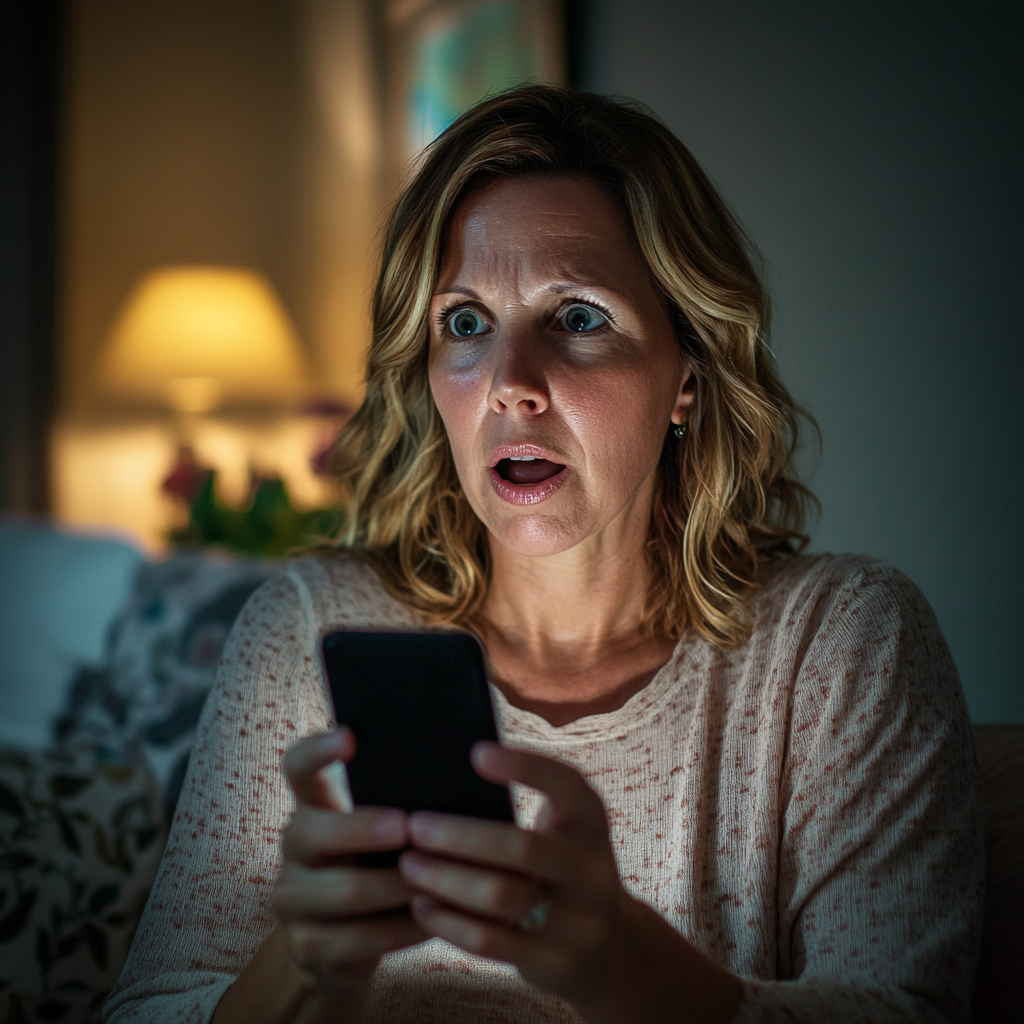 Une femme est choquée et blessée alors qu'elle regarde son téléphone | Source : Midjourney