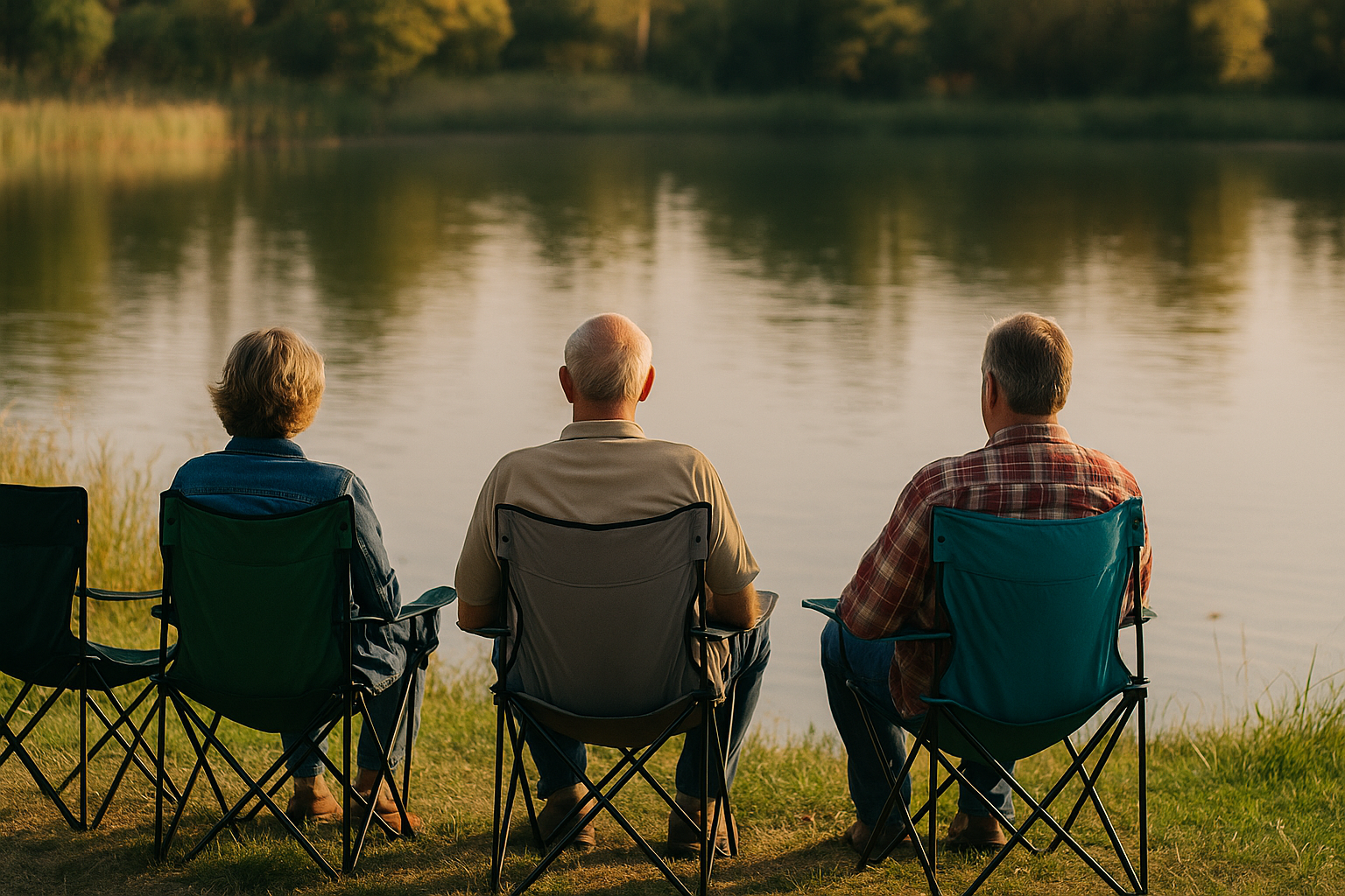 Trois personnes assises près du lac | Source : Sora