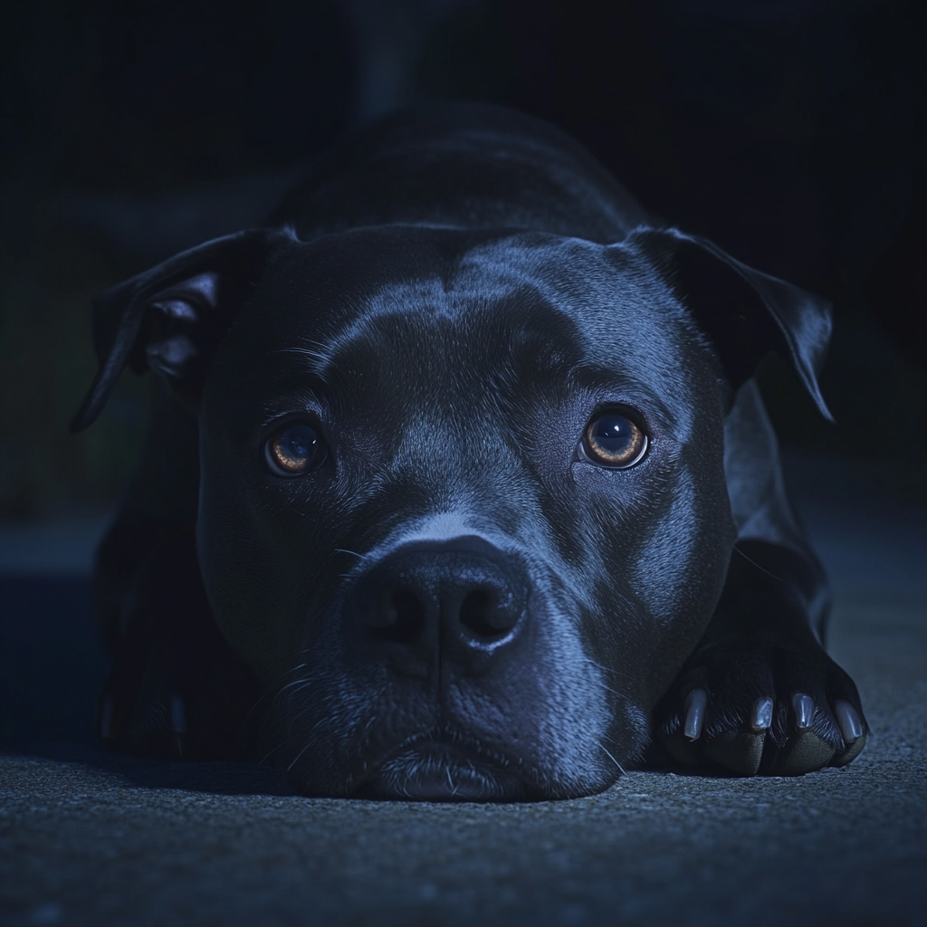 Un Pitbull triste et solitaire, couché et attendant impatiemment quelqu'un | Source : Midjourney