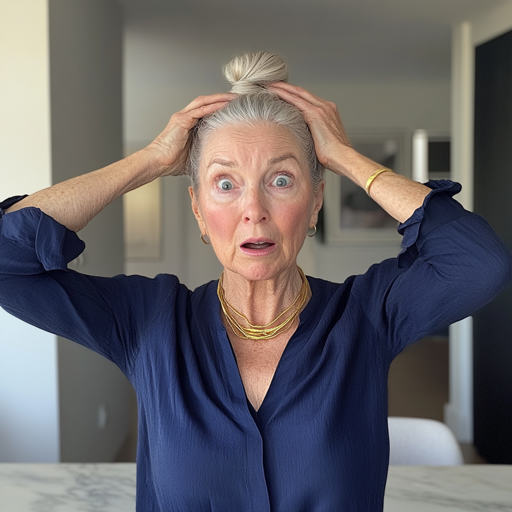 Une vieille femme choquée, les mains sur la tête | Source : Midjourney