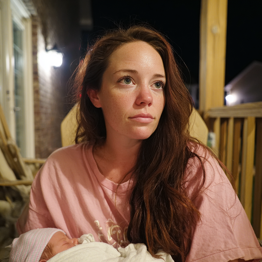 Une femme assise sur un porche et tenant son bébé | Source : Midjourney
