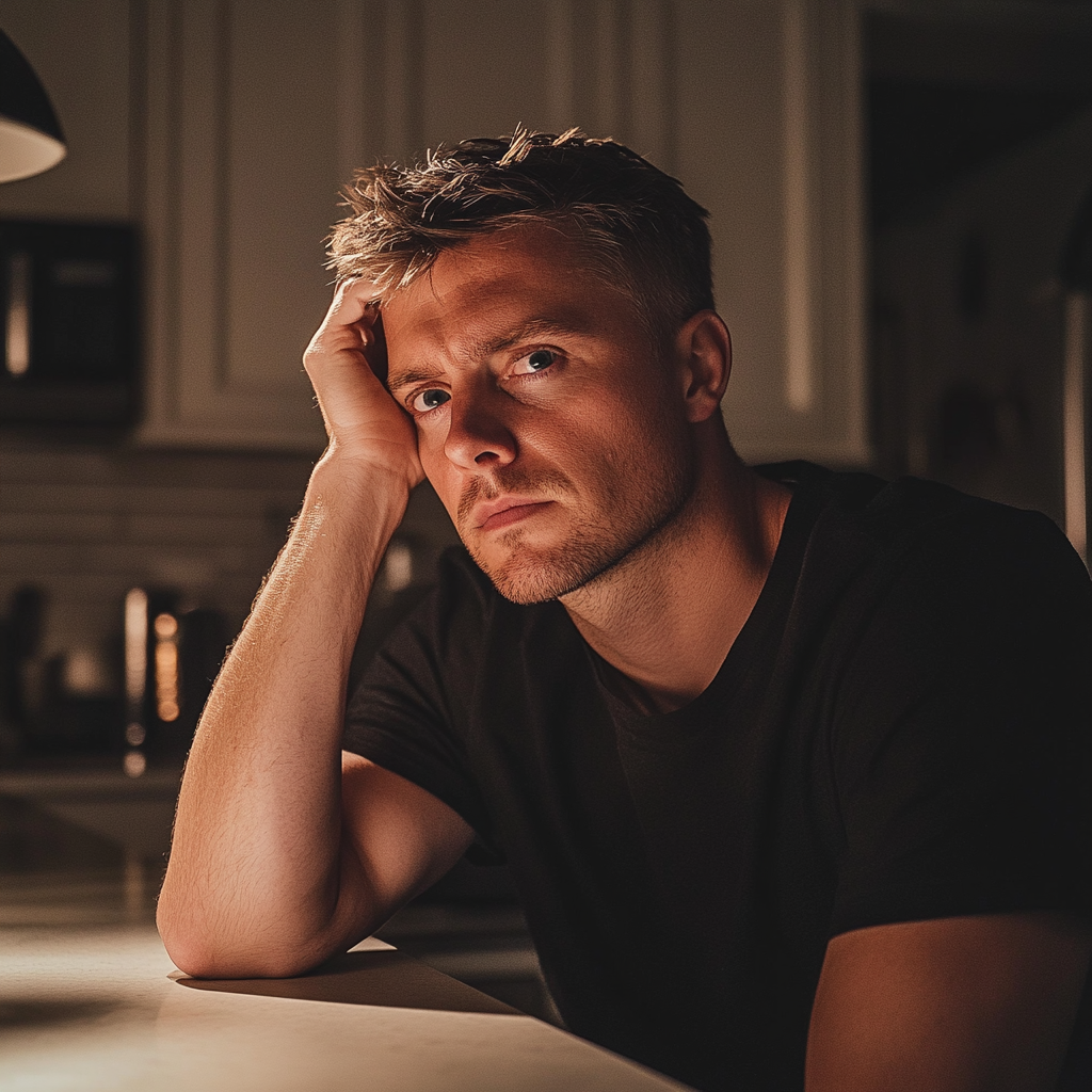 Un homme assis au comptoir d'une cuisine et se tenant la tête | Source : Midjourney