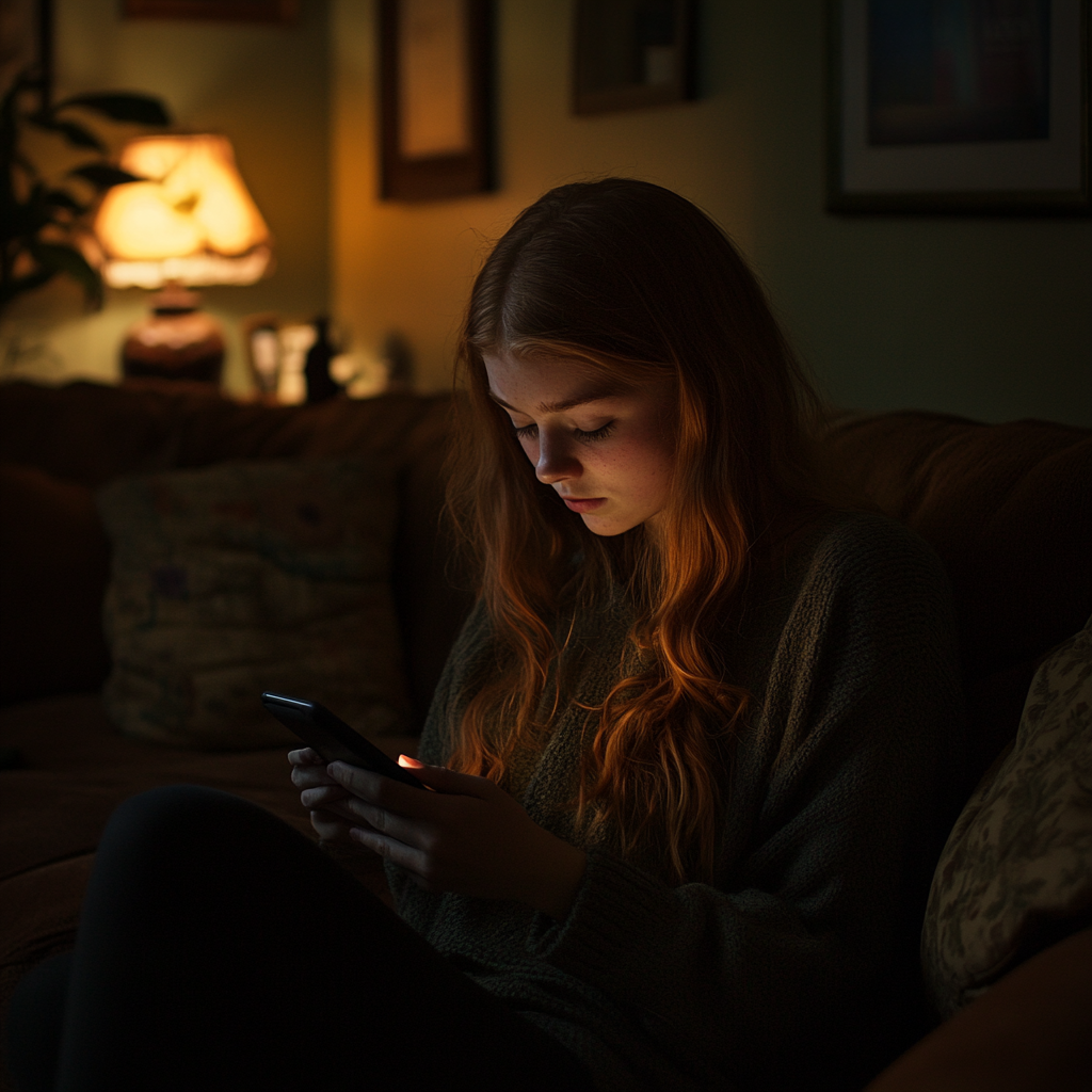 Une fille triste qui regarde son téléphone | Source : Midjourney