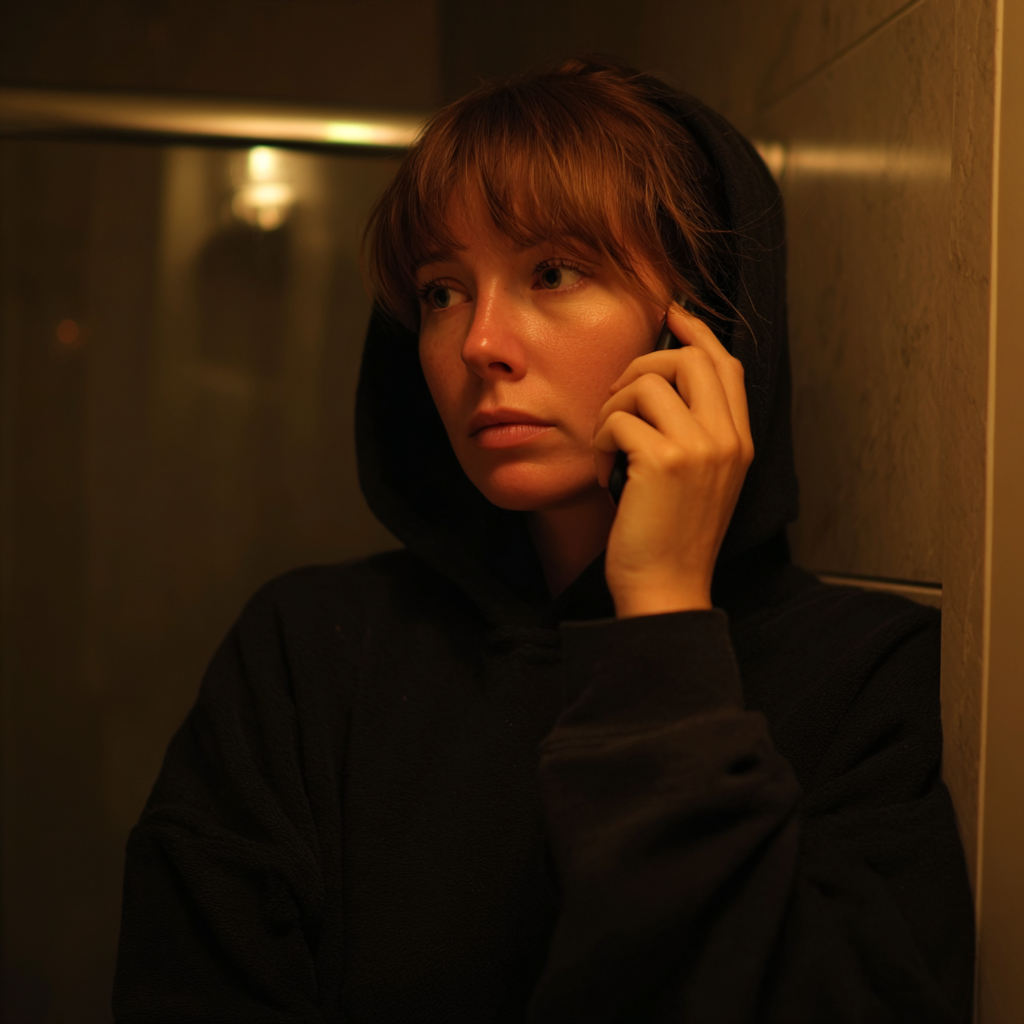 Une femme en sweat à capuche noir qui parle au téléphone | Source : Midjourney