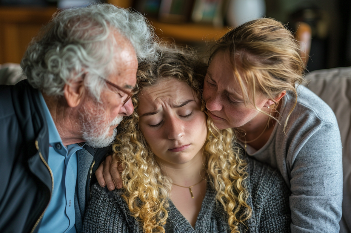 Une jeune femme réconfortée par ses grands-parents | Source : MidJourney