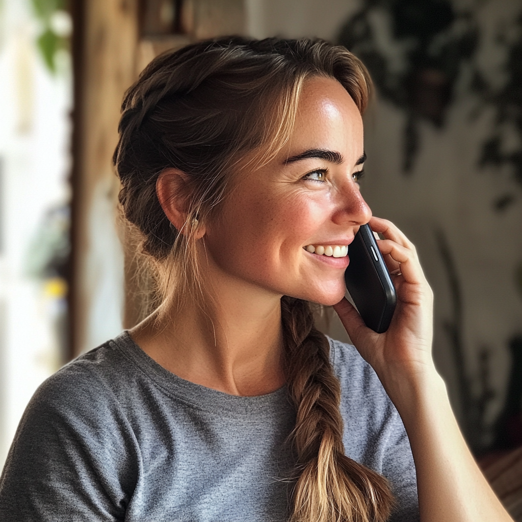 Une jeune femme souriante qui parle au téléphone | Source : Midjourney