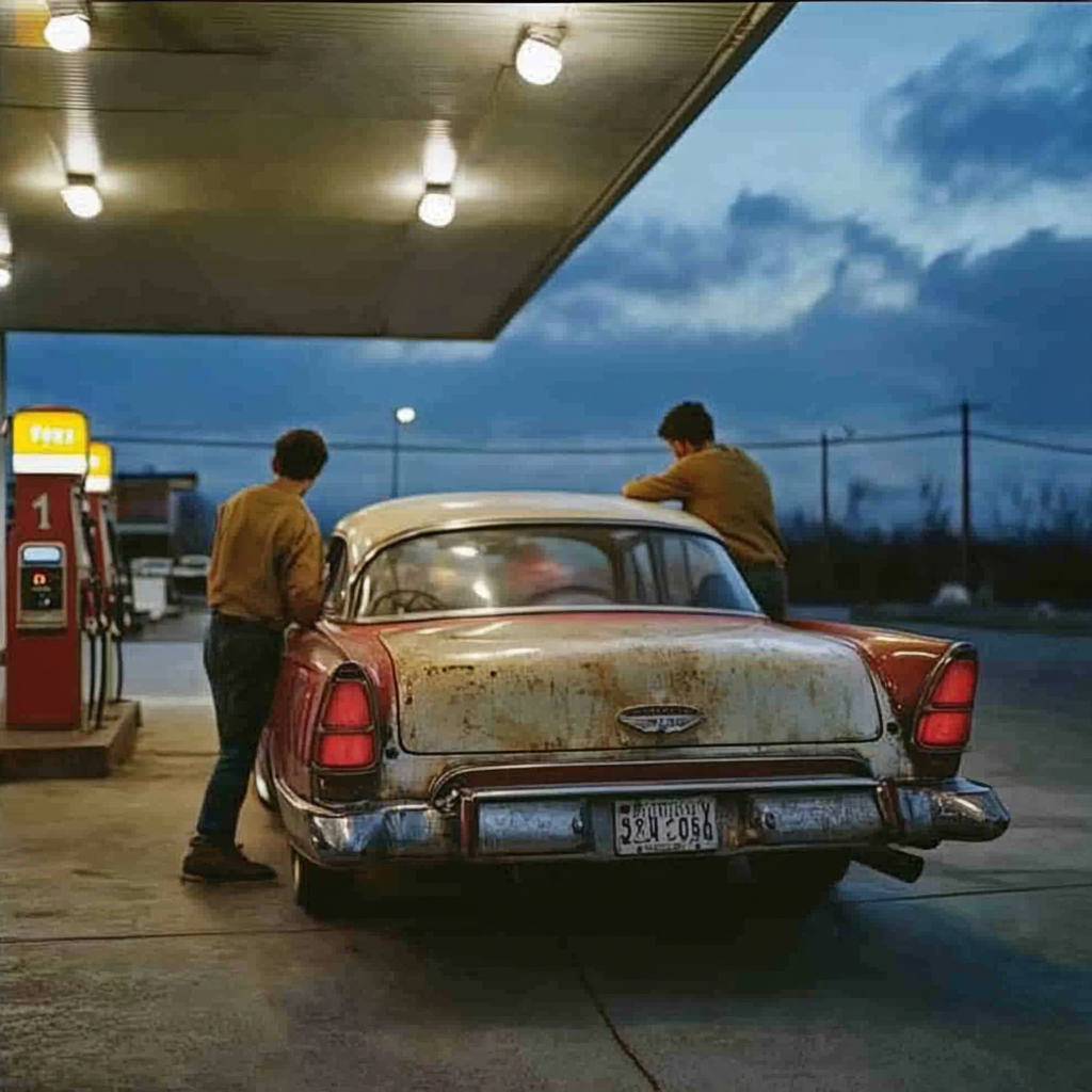 Des hommes poussent une vieille voiture dans une station-service | Source : Midjourney