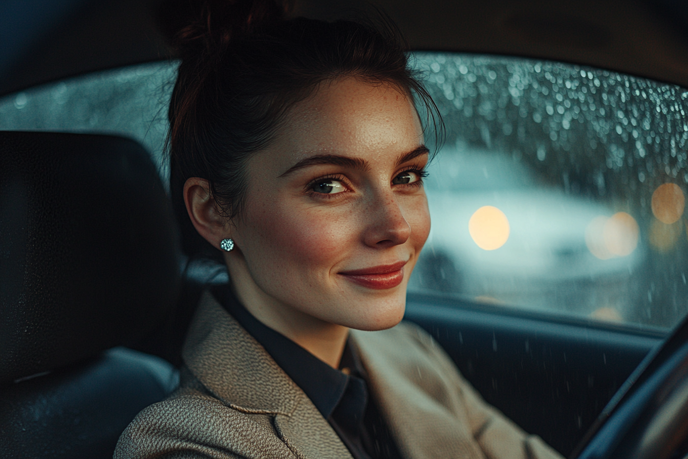 Femme d'une trentaine d'années conduisant sur une route sombre et pluvieuse avec un grand sourire | Source : Midjourney