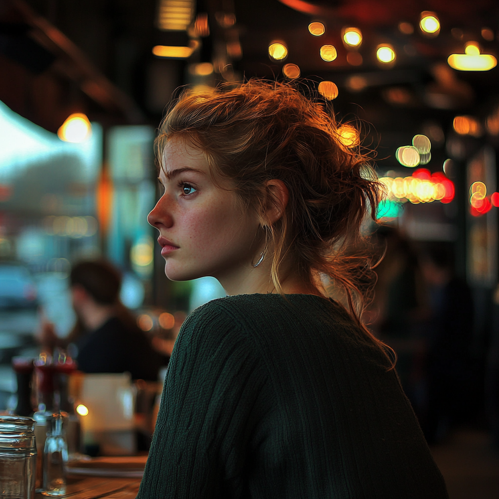 Une femme sérieuse dans un restaurant | Source : Midjourney