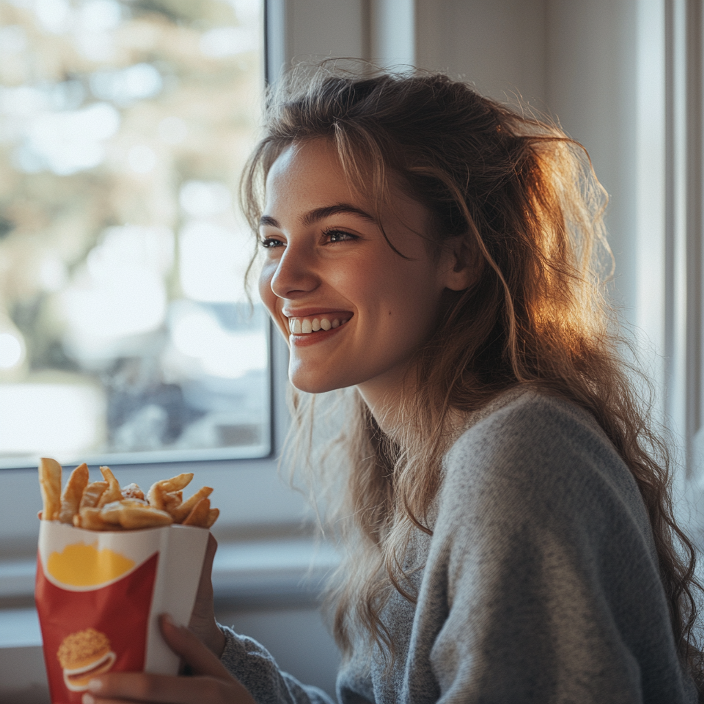 Une femme souriante mangeant un fast-food | Source : Midjourney