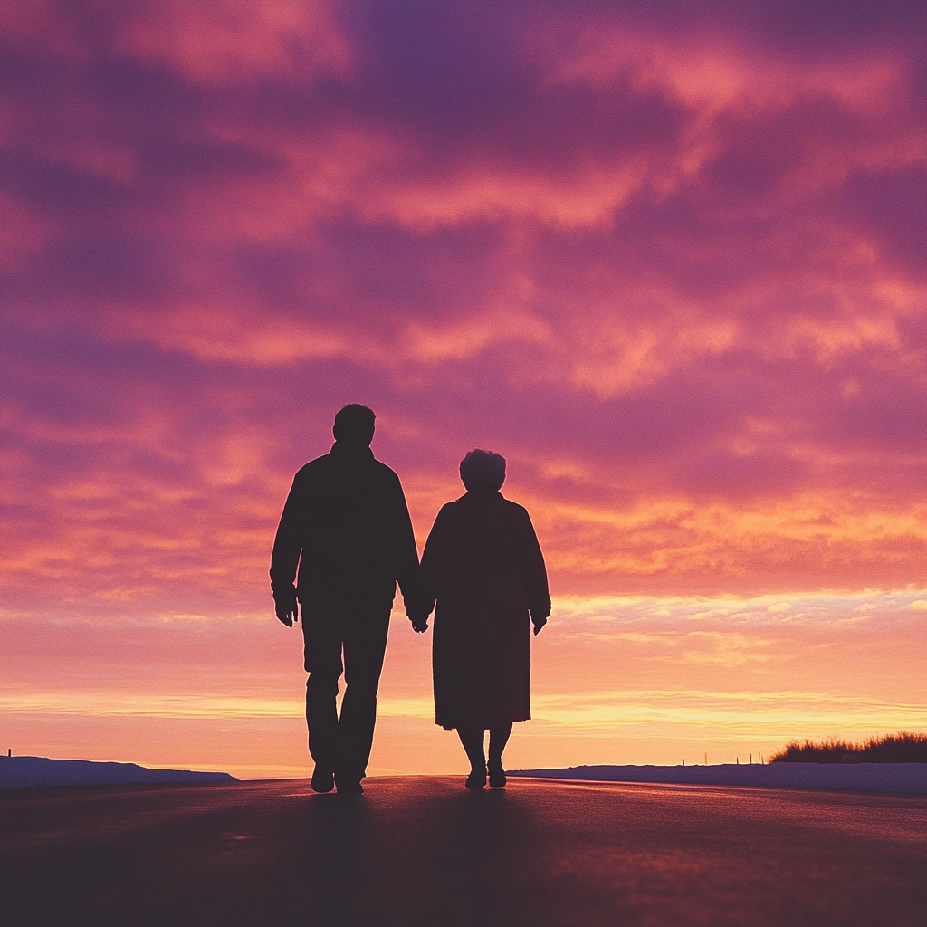 Silhoutte d'un homme marchant sur la route avec sa mère | Source : Midjourney