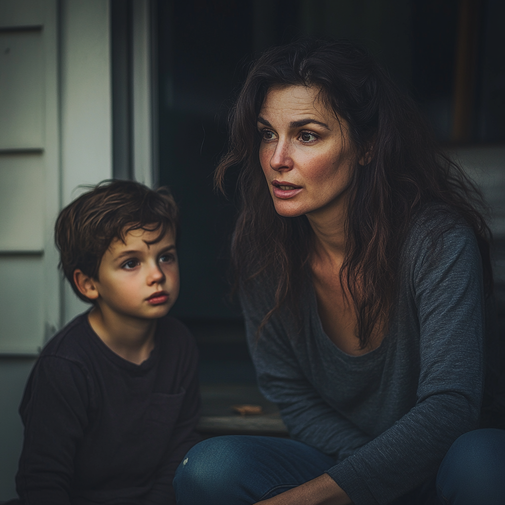 Une jeune femme émotive, accroupie sous le porche, parle à son fils | Source : Midjourney