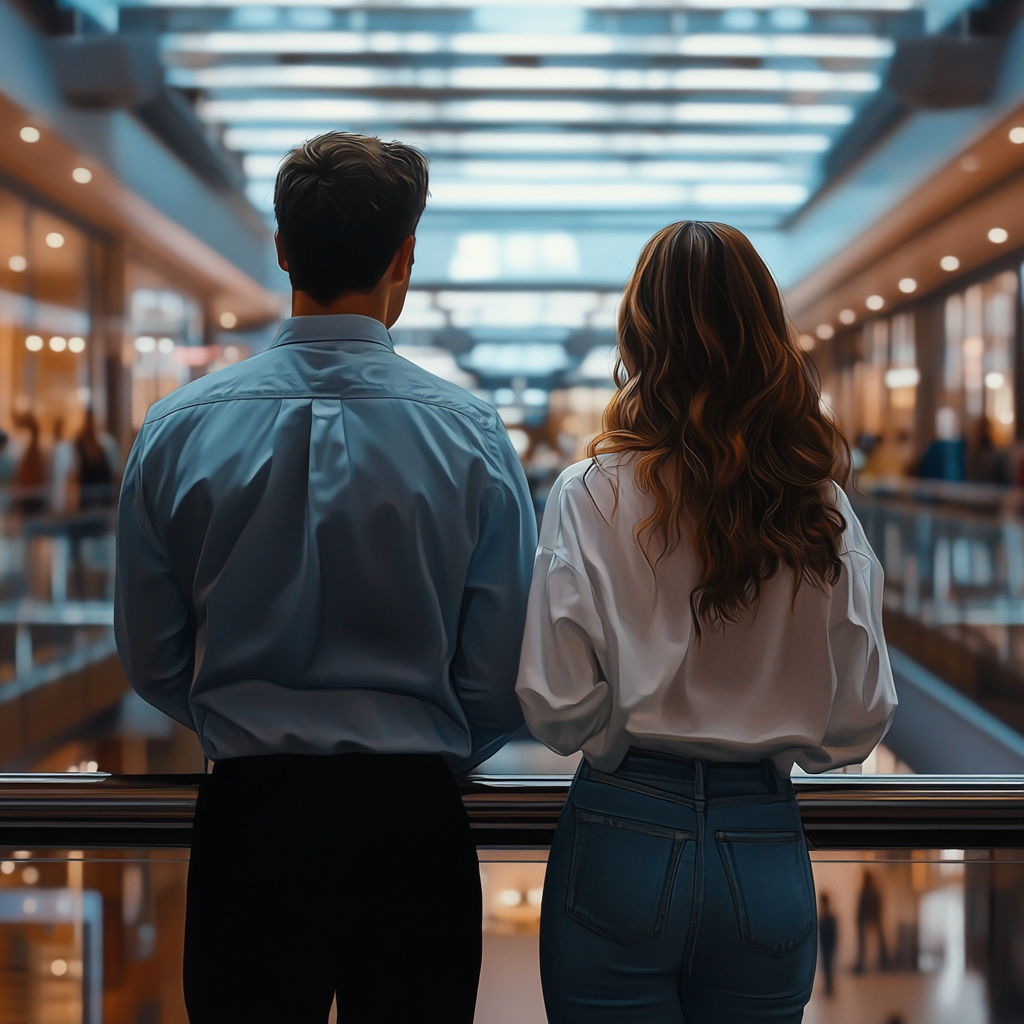 Un homme et une femme debout dans un centre commercial | Source : Midjourney