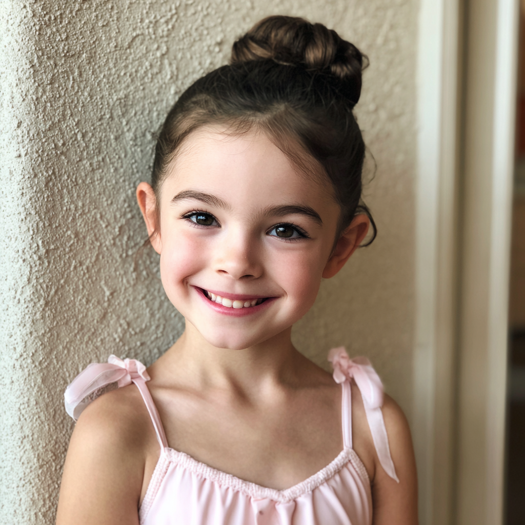 Une petite fille souriante en tenue de ballet | Source : Midjourney