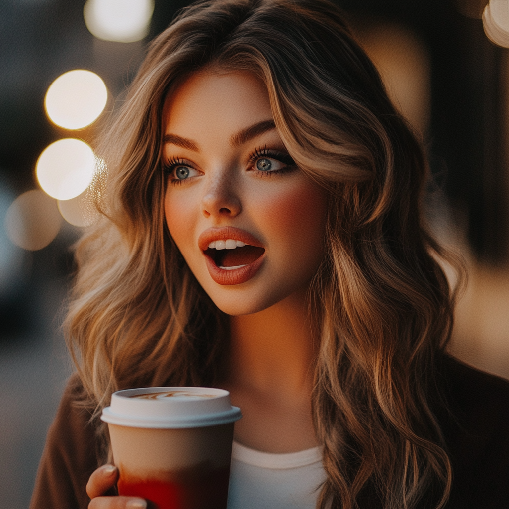 Une femme effrayée tenant une tasse de café au lait | Source : Midjourney