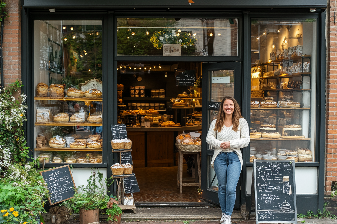 Une femme ravie se tenant devant une boulangerie | Source : Midjourney