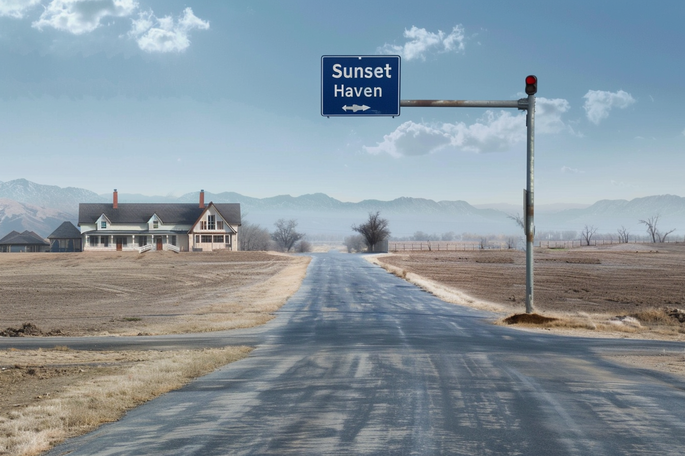 Road leading to a sign for "Sunset Haven", and a building in the background | Source: Midjourney