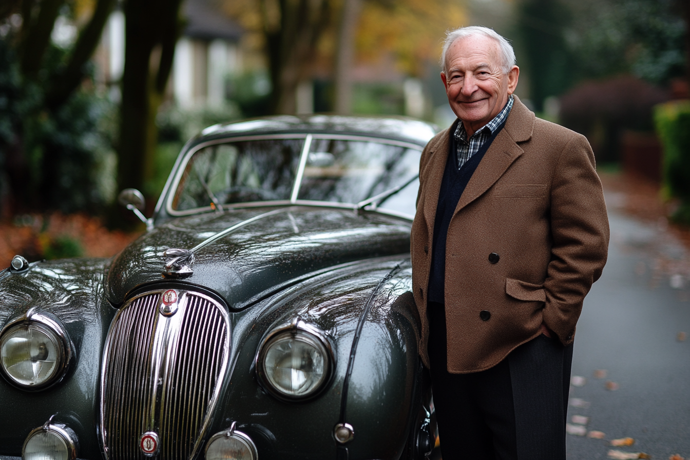 Un homme au sourire chaleureux se tenant à côté d'une voiture de collection | Source : Midjourney