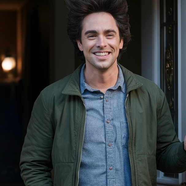 Un jeune homme debout dans l'embrasure d'une porte, souriant | Source : Midjourney