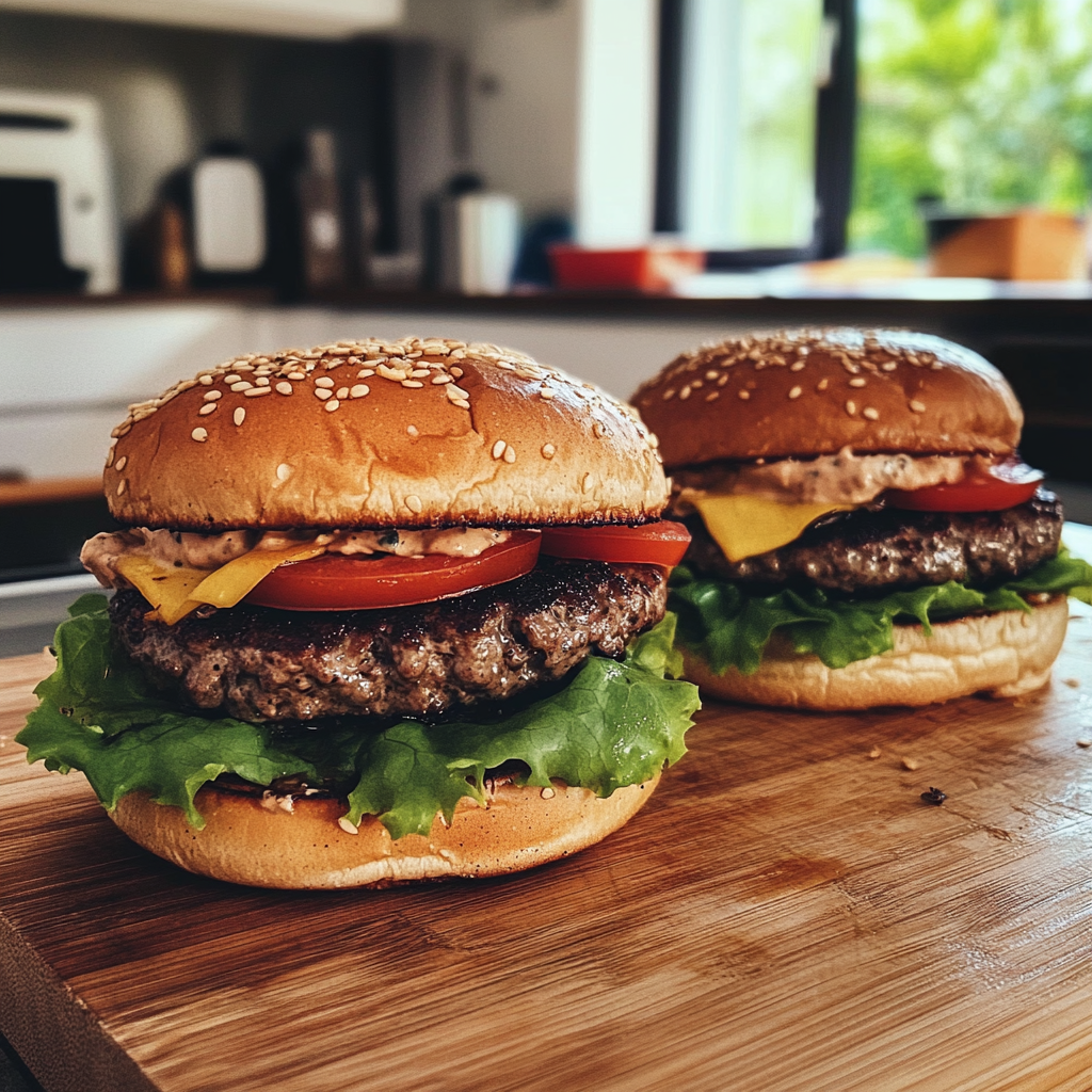 Des hamburgers faits maison sur un comptoir de cuisine | Source : Midjourney