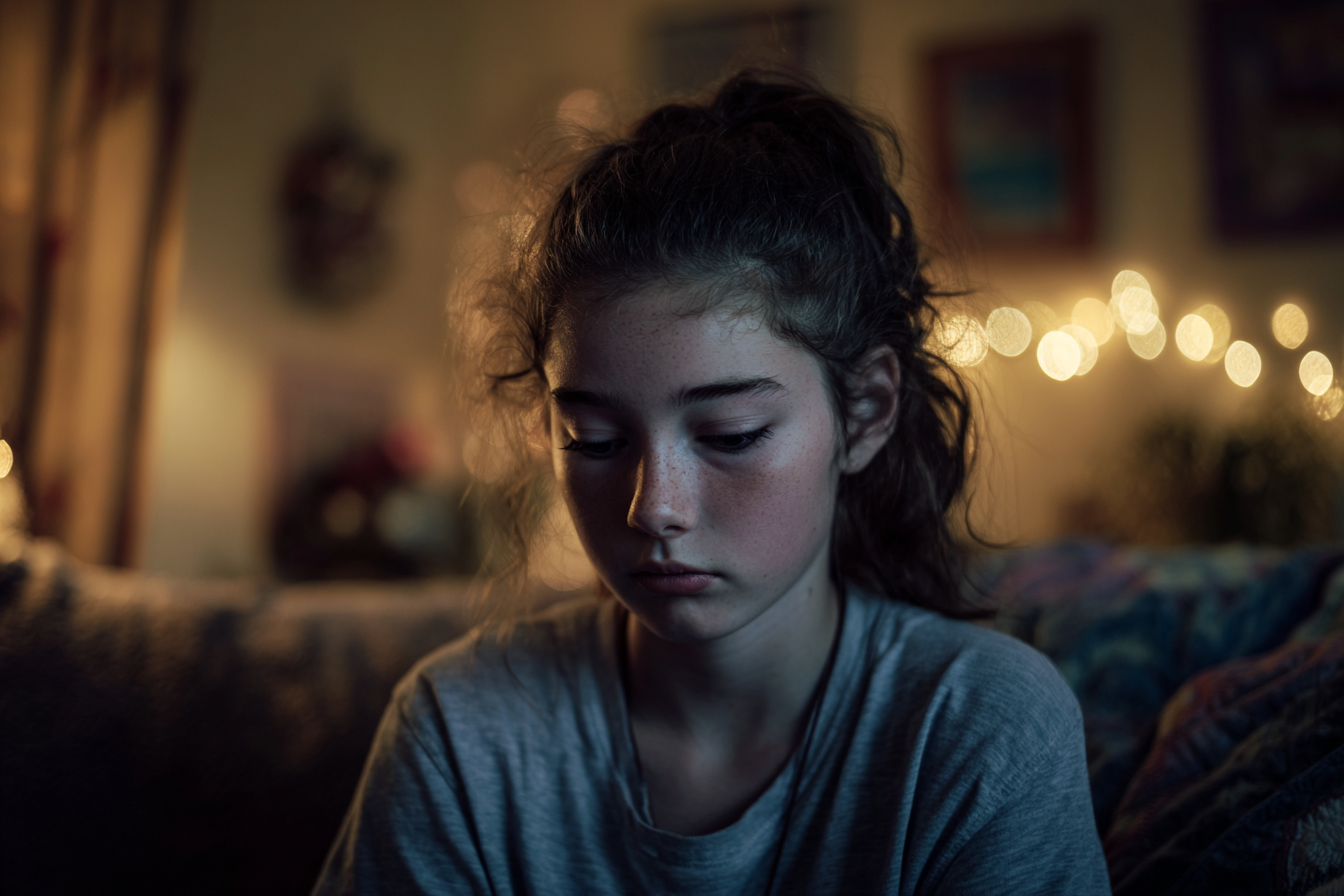 Une fille assise dans sa maison | Source : Midjourney