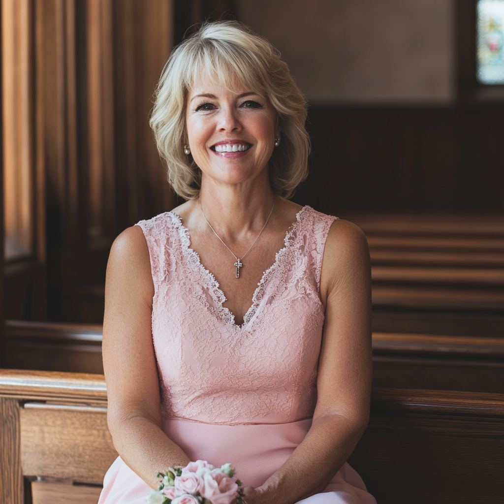 Une mère de la mariée souriante lors d'un mariage | Source : Midjourney