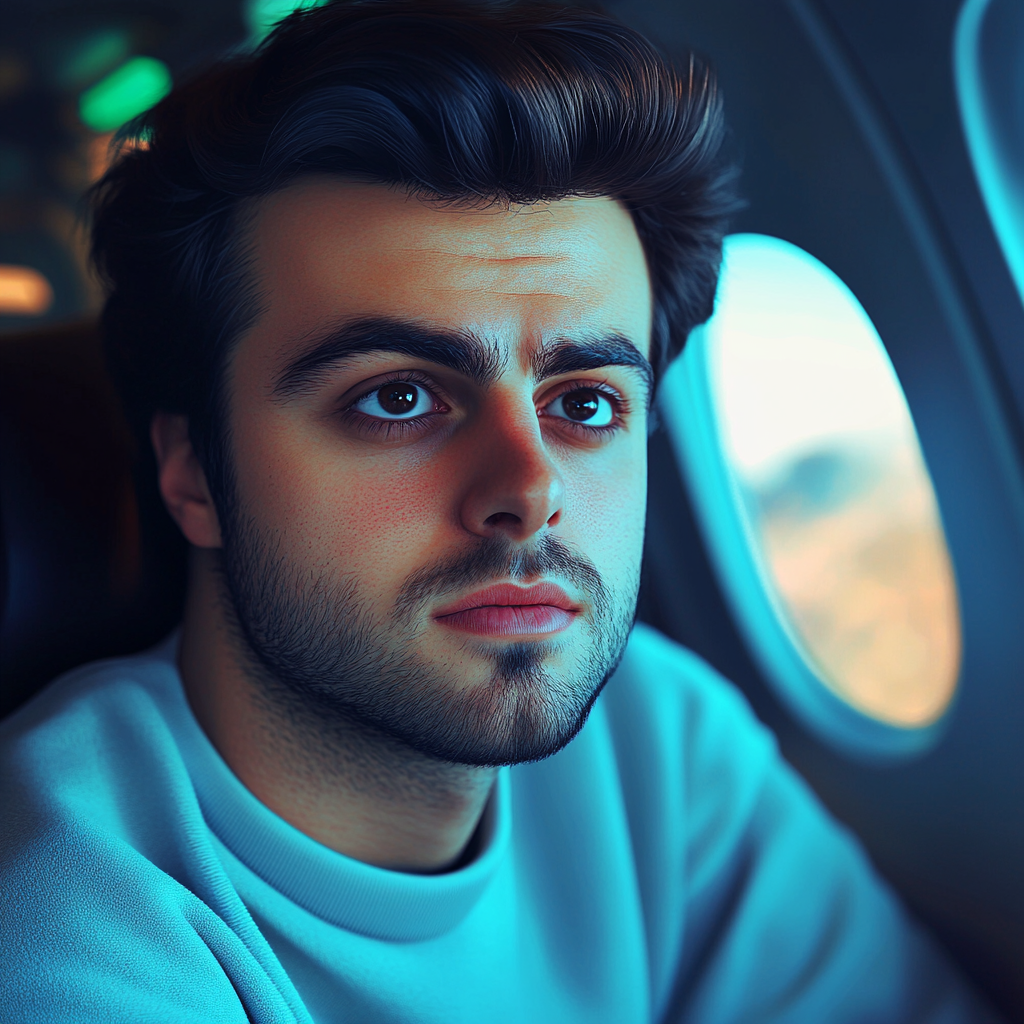 A man sitting on an airplane | Source: Midjourney