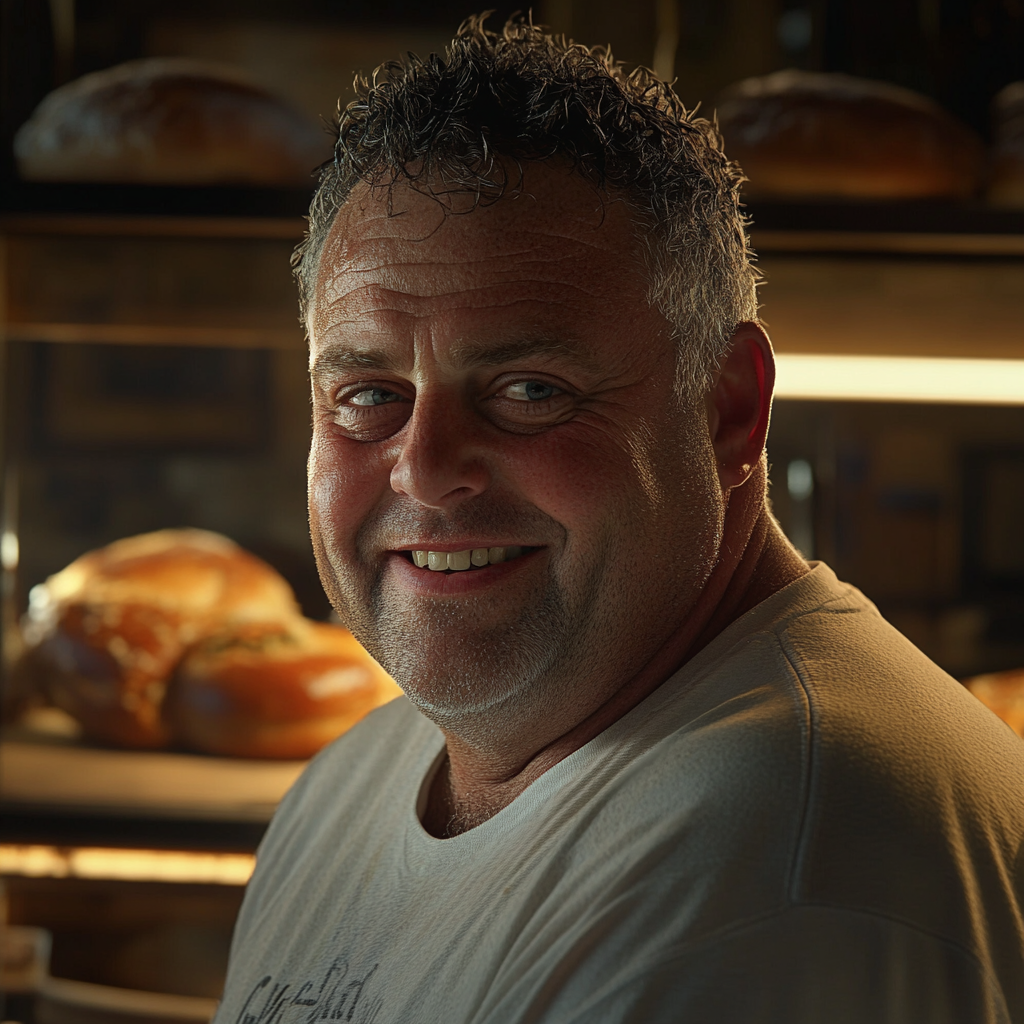 Un homme âgé souriant dans une boulangerie | Source : Midjourney