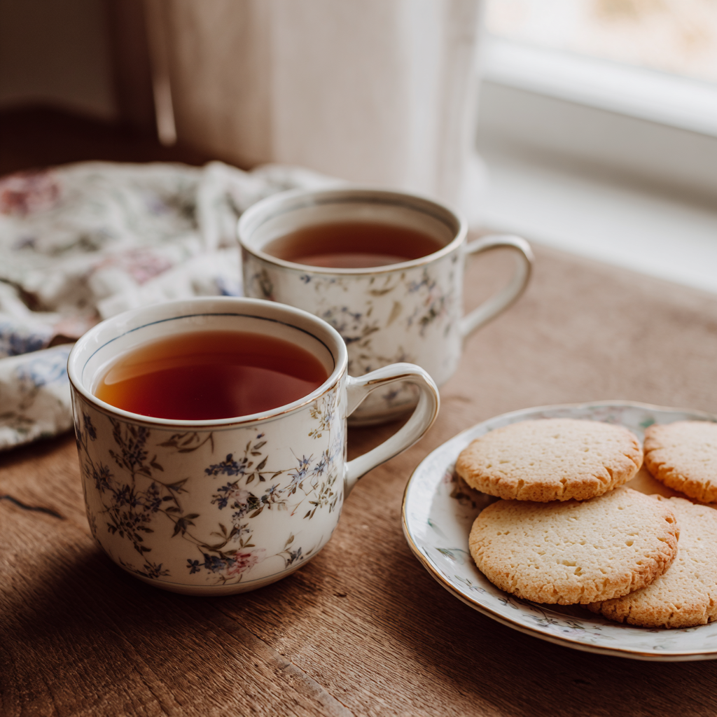 Des tasses de thé et une assiette de biscuits sur une table | Source : Midjourney