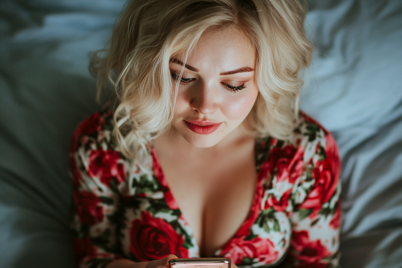 Une femme au lit qui regarde son téléphone | Source : Midjourney