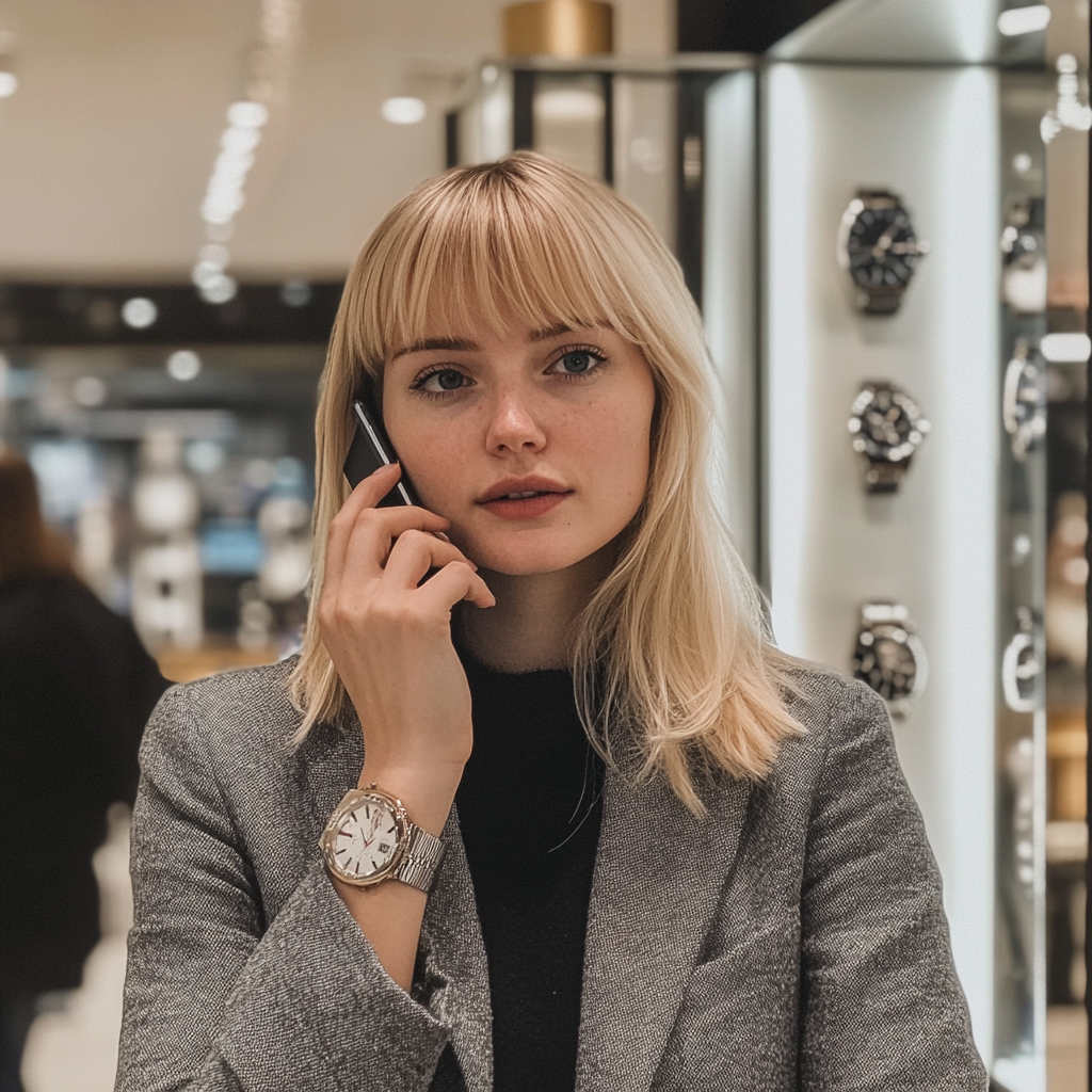 Une femme qui parle au téléphone au magasin | Source : Midjourney