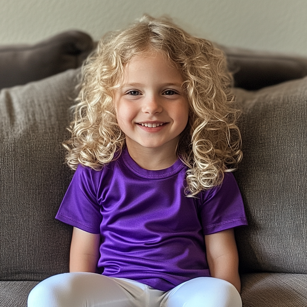 Une petite fille souriante assise sur un canapé | Source : Midjourney