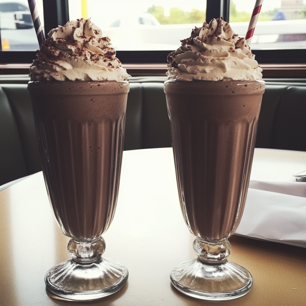 Deux milk-shakes au chocolat sur une table | Source : Midjourney