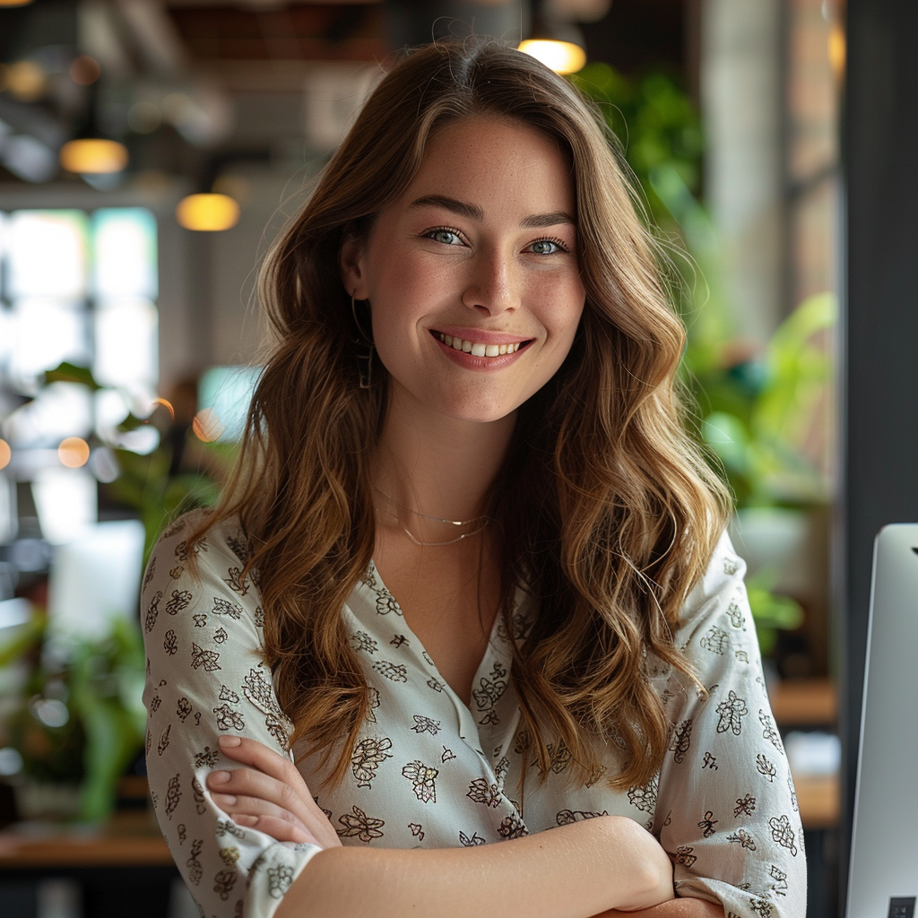 Une femme heureuse debout dans son bureau | Source : Midjourney