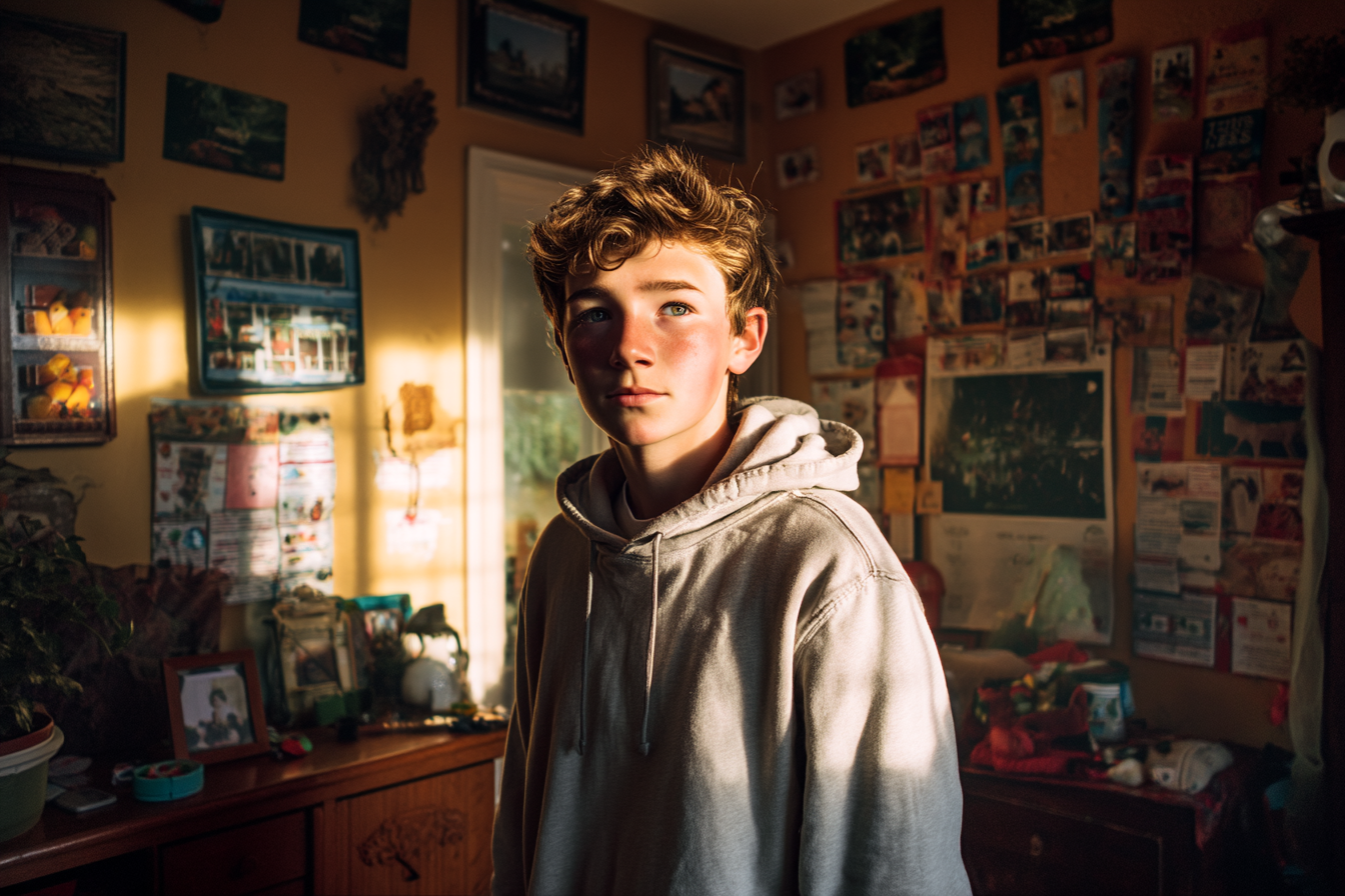 Un garçon debout dans sa chambre | Source : Midjourney