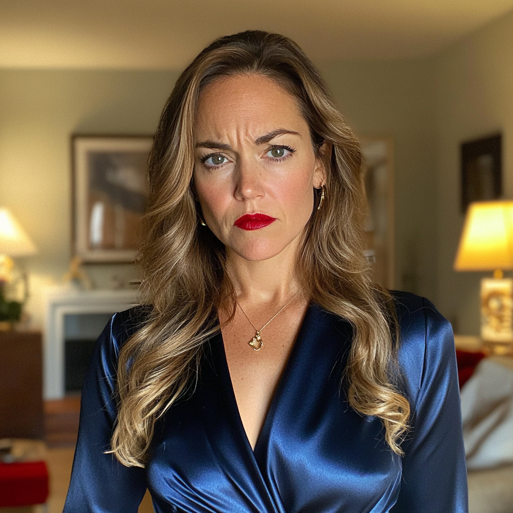 Gros plan d'une femme bouleversée debout dans un salon | Source : Midjourney