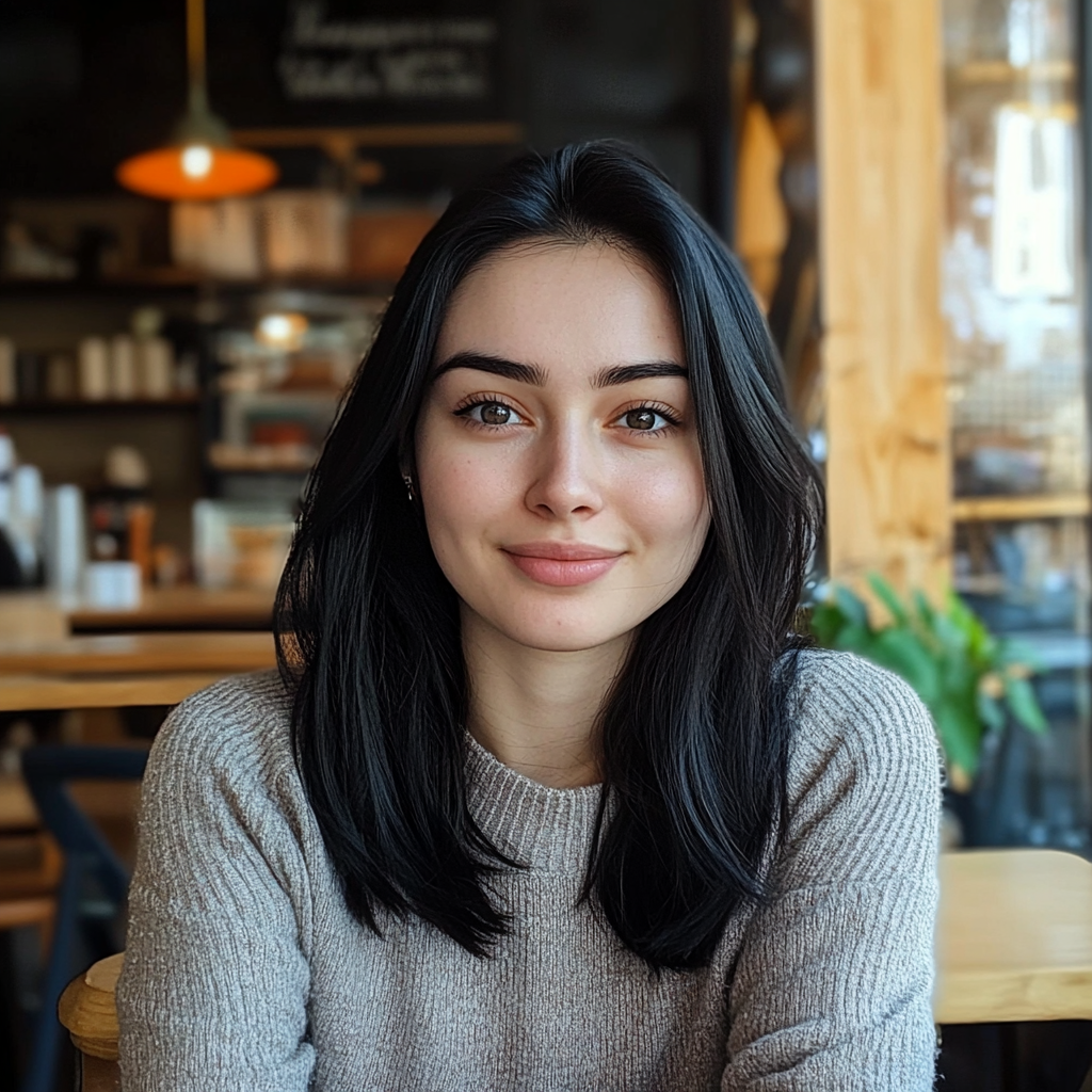 Une femme dans un café sourit tristement | Source : Midjourney