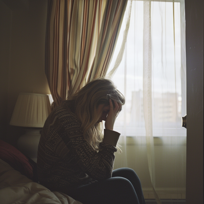 Une femme déprimée assise dans une chambre d'hôtel | Source : Midjourney