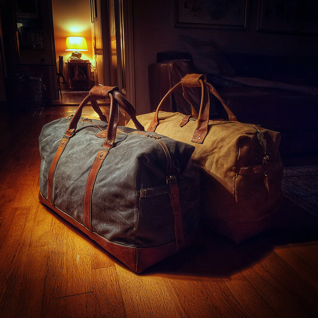 Sacs de voyage emballés sur le sol d'un salon | Source : Midjourney