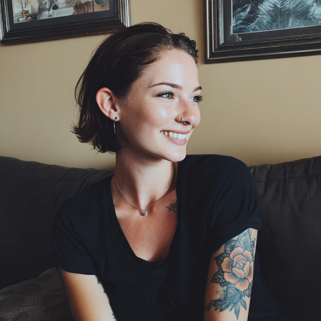 Une femme souriante assise sur un canapé | Source : Midjourney