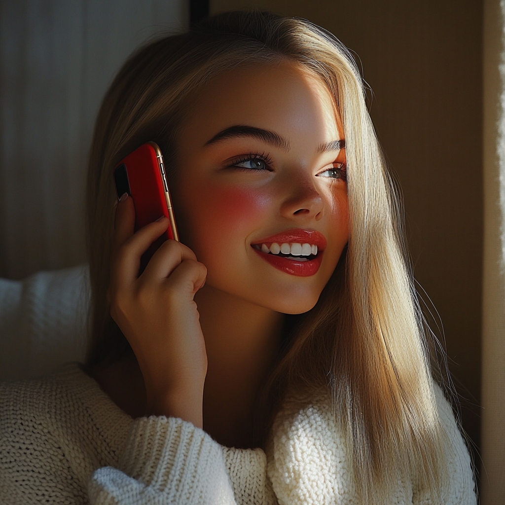 Une jeune femme qui rit en parlant au téléphone | Source : Midjourney