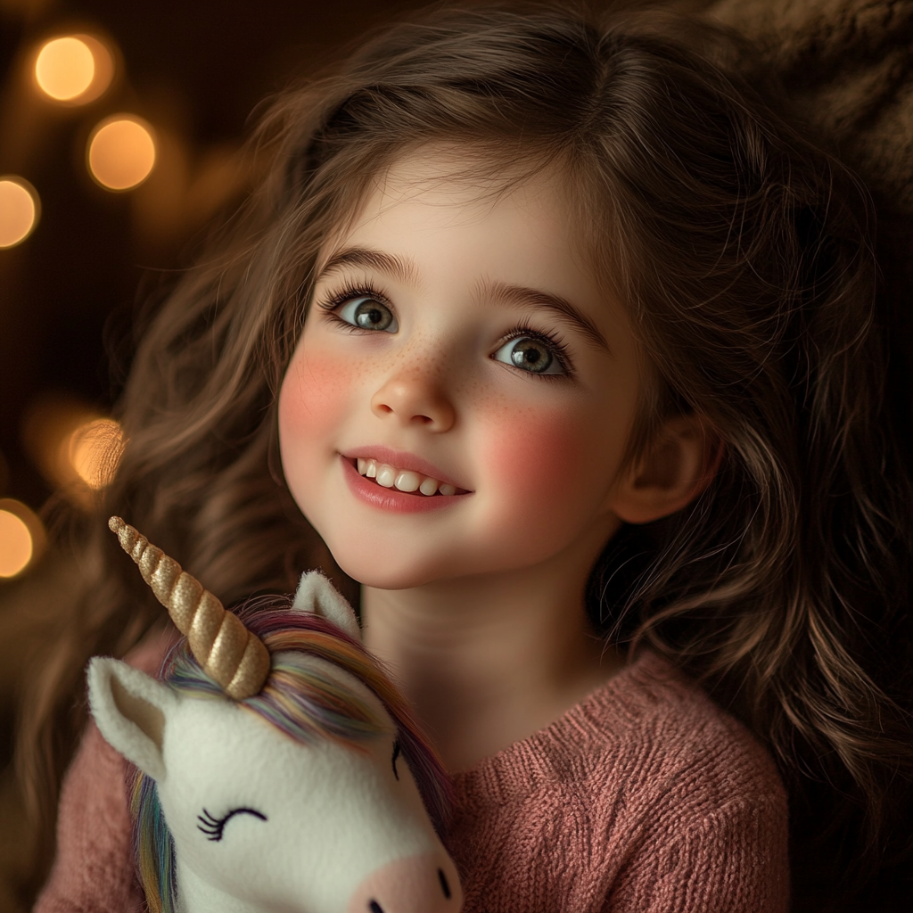 Une petite fille joyeuse tenant une licorne en peluche | Source : Midjourney