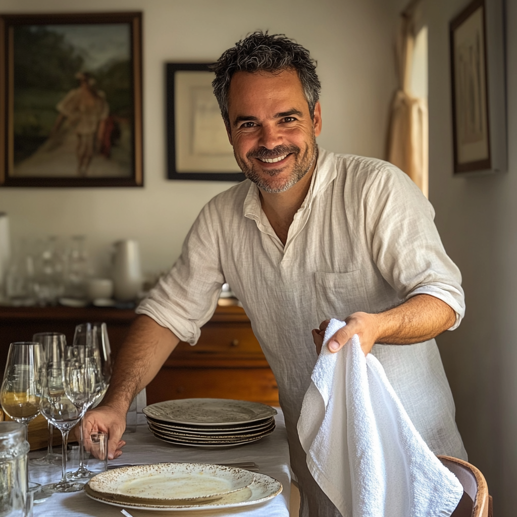 A smiling 40-year-old man with rolled-up sleeves and a napkin over his shoulder sets the dining table | Source: Midjourney