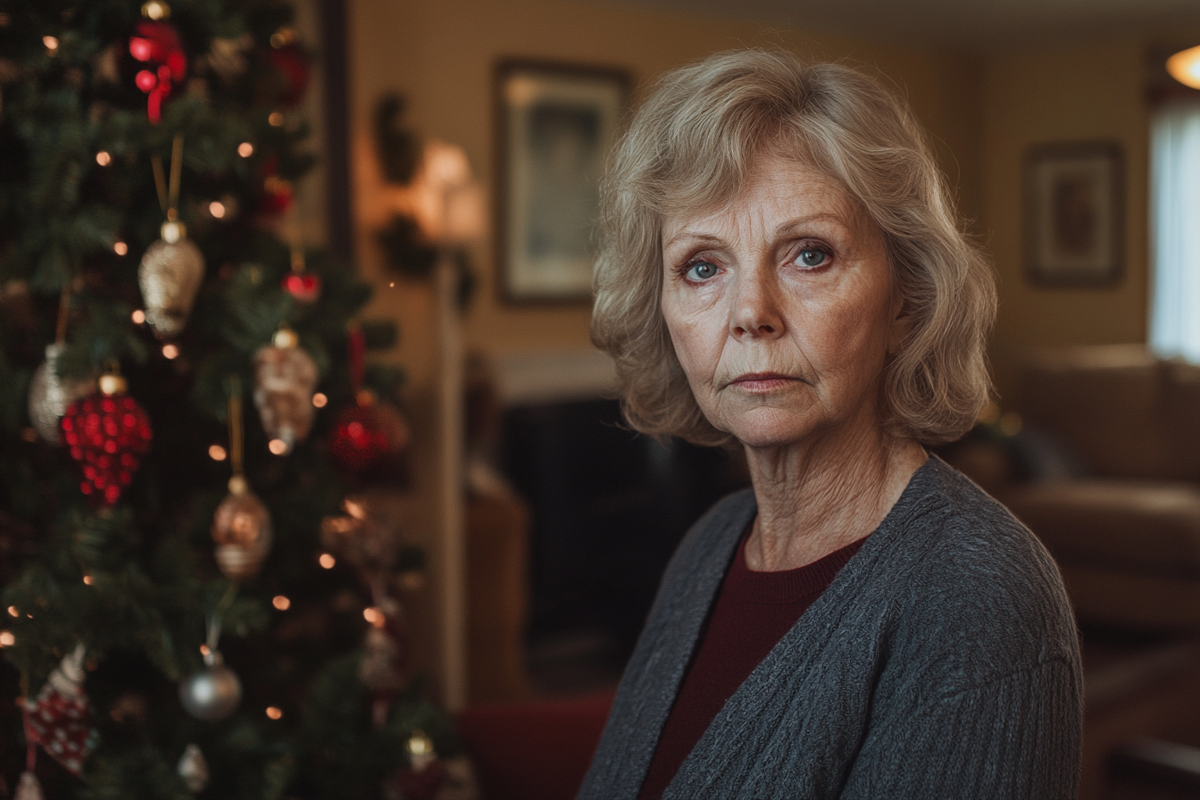 Une femme d'âge mûr debout près d'un sapin de Noël | Source : Midjourney