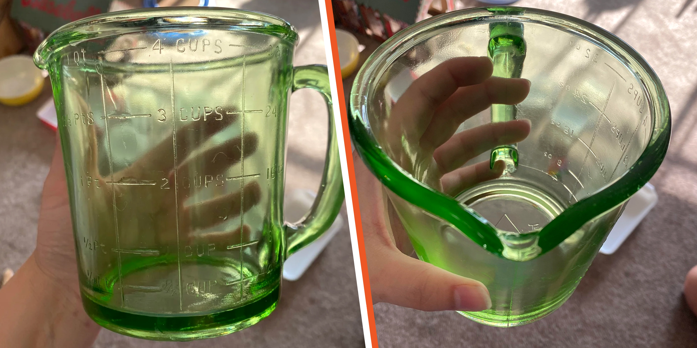 Une femme tenant une tasse à mesurer en verre vert | Source : Reddit.com/martinezashtin95
