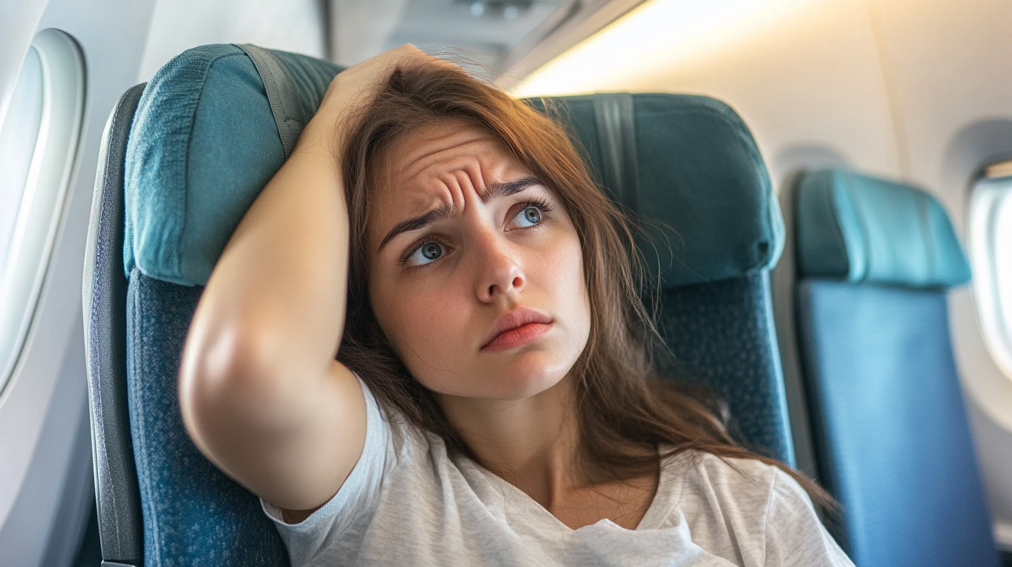 Une femme inquiète assise sur un siège d'avion | Source : Midjourney